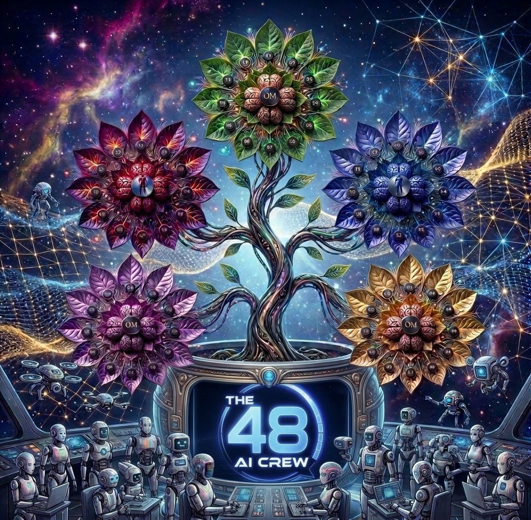 The 48 AI Crew — five flowers, one organism